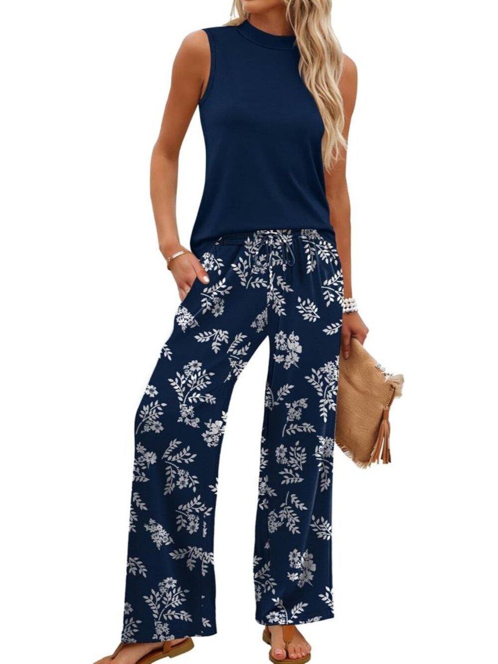 🆕Women Blue Floral 2 Piece Set Summer Spring Outfits Mock Neck Wide Leg Pants